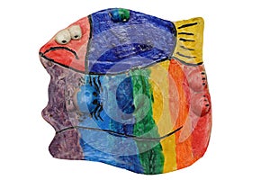 Cat with fish. Rainbow colors. Crafts from clay