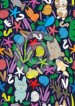 Cat fish sea seamless pattern