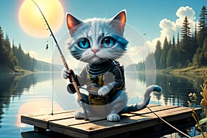 The cat is fishing on a beautiful big lake.