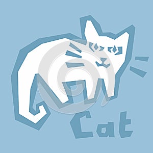 Cat flat design on blue background. Angry or scared pet. Animal vector illustration. Interactive card for learning the alphabet.