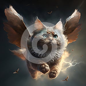 the cat flies through the clouds on wings. AI generated