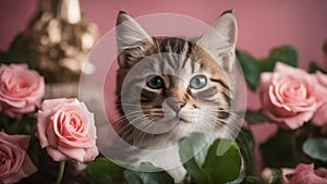 cat and flowers A comical kitten pretending to be a flower, with its head poking out from the center of a giant pink rose bouquet