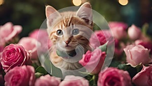 cat and flowers A comical kitten pretending to be a flower, with its head poking out from the center of a giant pink rose bouquet