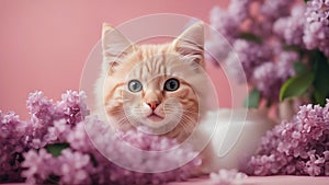 cat and flowers gallant red kitten with a soft, fluffy coat, posing elegantly beside a bouquet of fragrant lilacs,