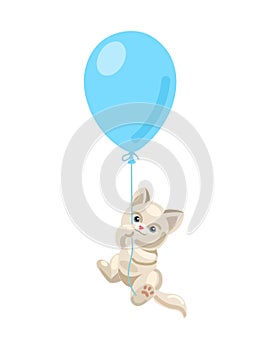 The cat is flying on a blue balloon. Vector flat illustration