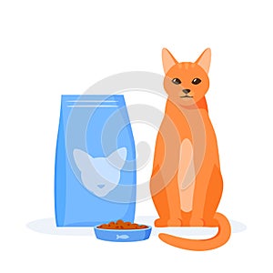 Cat food in bowl. Cat kibble in package or beg. Flat style vector