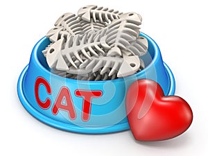 Cat food bowl and red heart 3D rendering illustration on white b