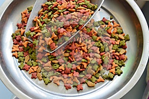 Cat food in scoop on weighting scale tray