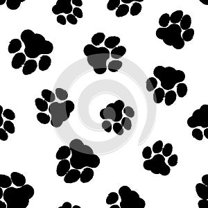 Cat footprint pattern. Seamless pattern pets paw print. Black cat and dog steps texture, animal footstep. Background