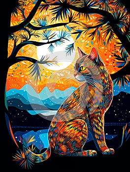 Cat in the forest at night illustration