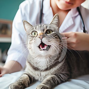 Cat frighten or surprised cat when female vet examining, veterinary clinic concept Generative AI