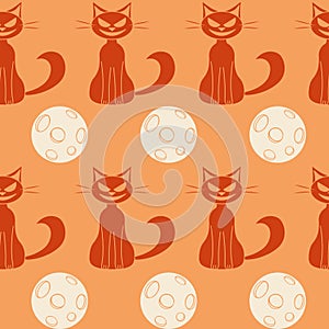 Cat and full Moon seamless pattern. Vector Halloween elements in endless background in flat style