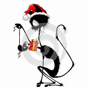 Cat Funny Christmas Santa Character holding a little Mouse offering him a Gift Humorous Vector Illustration isolated on white