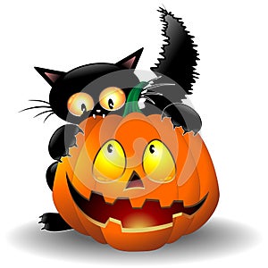 Cat Funny Halloween Cartoon Character biting a Pumpkin vector Illustration