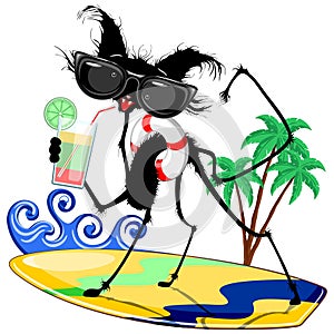 Cat Funny and Silly Character Summer Fun surfing on waves with a tropical Drink and big sunglasses vector illustration