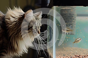 cat with fur bristled, startled by fish darting in tank