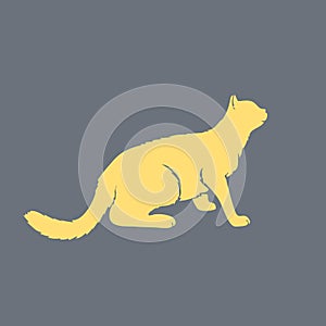 Cat furtively looking up, silhouette side view. Vector illustration in gray and yellow