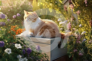 Cat garden box flowers. Generate Ai