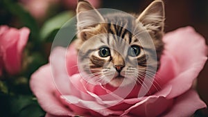 cat in the garden A comical kitten pretending to be a flower, with its head poking out from the center of a giant pink rose