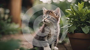 cat in the garden A curious kitten with an inquisitive look, sitting in a garden full of oversized, fuzzy plants