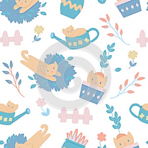 Cat Garden Seamless Pattern