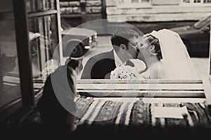 Cat gazes at a kiss of newlyweds through the window