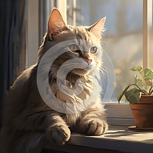 cat gazes on a sun warmed windowsill