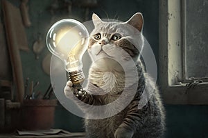 Cat genius with idea bulb lamp light above head illustration generative ai photo
