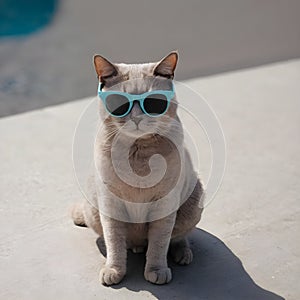 A cat getting dressed for the impending summer and donning sunglasses