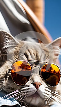 A cat getting dressed for the impending summer and donning sunglasses