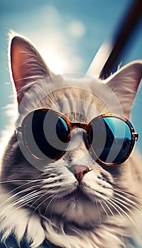 A cat getting dressed for the impending summer and donning sunglasses