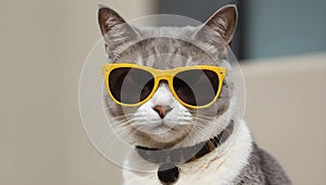 A cat getting dressed for the impending summer and donning sunglasses