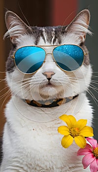 A cat getting dressed for the impending summer and donning sunglasses