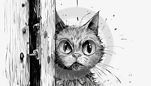 A cat with giant eyes stands at a wooden, old, open door.Pencil sketch. photo