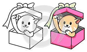 Cat in gift box coloring page for kids