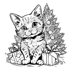 Cat with gifts on the background of a Christmas tree Comic , hand-drawn sketch. Symbol of Christmas and New Year.