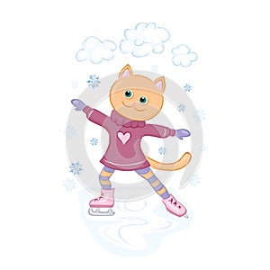 Cat girl in dress skates an ice rink. Cute character figure skating. Vector illustration of winter fun