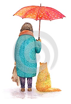 A cat and a girl under un umbrella. Watercolor illustration. photo