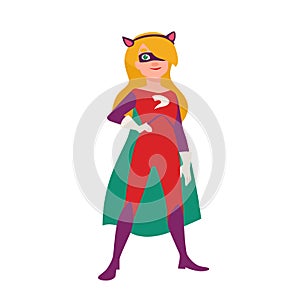 Cat girl or supergirl. Beautiful smiling blonde child wearing bodysuit and mask with super powers. Brave and confident