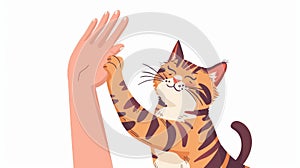 Cat giving paw and high five to owners hand. Feline animal education, friendship, and communication concept. Flat