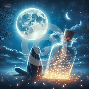 Cat in a glass bottle and starry night sky.