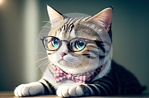 Cat in glasses. Cute smart pussycat in eyeglasses. Generative AI.