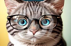 Cat in glasses. Cute smart pussycat in eyeglasses. Generative AI.