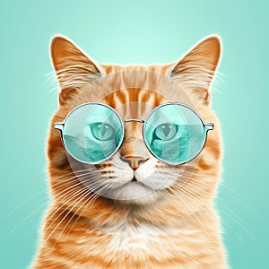 a cat with glasses on its face looking at the camera with a surprised look on its face and a blue background with a light green