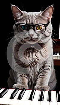 Cat with Glasses on Piano photo