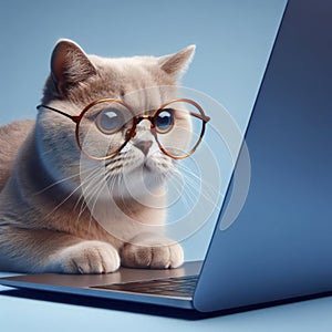 A cat with glasses and a surprised look on her face is looking at a laptop on solid blue background. ai generative