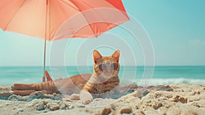 A cat with glasses under an umbrella from the sun on the beach