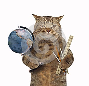 Cat with globe and ruler
