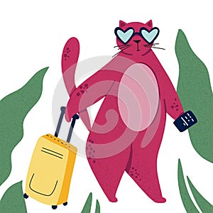 Cat goes to trip. Color flat hand drawn  character. Palm, passport, suitcase clipart. Isolated scandinavian cartoon illustration