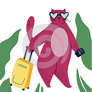 Cat goes to trip. Color flat hand drawn character. Palm, passport, suitcase clipart. Isolated scandinavian cartoon illustration of